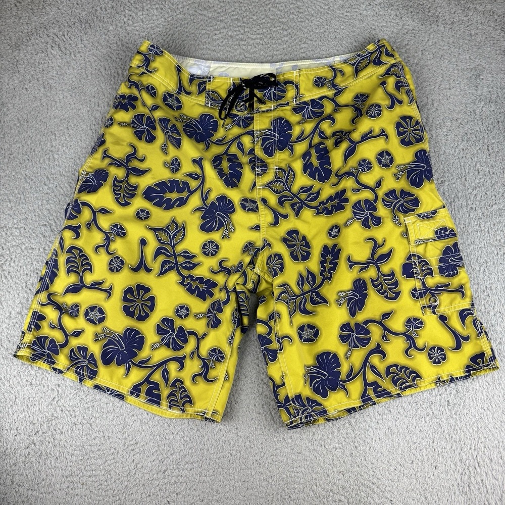 No Fear Shorts Vintage Hawaiian Print Floral Y2k Mens Size 38 Yellow Blue Swim